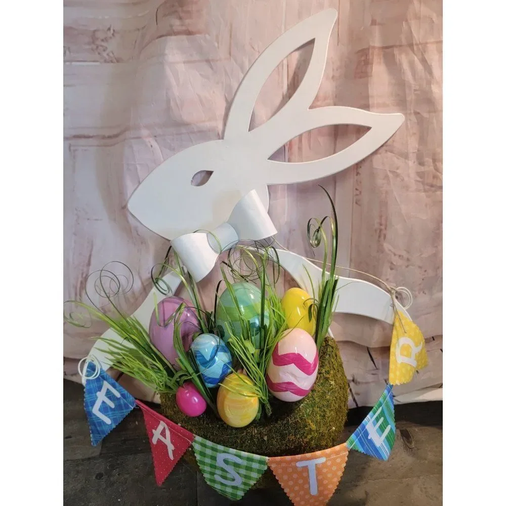 White easter‎ bunny egg grass sign decor spring bow